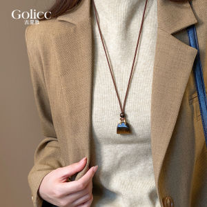 Brown Tiger Eye Stone Long Necklace Womens Style Sweater Chain Fashion Accessory for Autumn Winter Season Non-Multilayer Jewelry