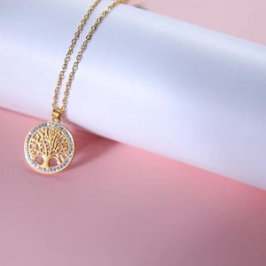 Skyrim Tree of Life Necklace for Women Stainless Steel Gold Color Clear Zircon Round Pendant Neck Chains Luxury Wedding Gift