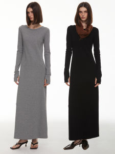 SOLWEIGE | SOLWEIGE Minimalist Slimming Cotton Ribbed Striped Round Neck Long Dress Autumn Winter Base Layer Casual Style Straight Skirt