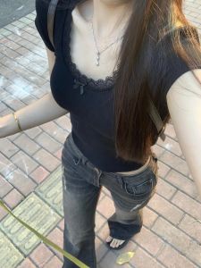 Áo Thun Modal Cổ Vuông Tay Ngắn Cho Nữ Mùa Hè Gợi Cảm Thiết Kế Cổ Bướm Ren Viền Áo Thun Thường Ngày Phong Cách Hàn Quốc