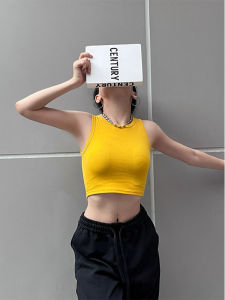 Yellow Workwear Style Womens Vest Ultra-Short Sleeveless Tank Top Summer Outerwear Slim Fit Sports Navel Baring Top