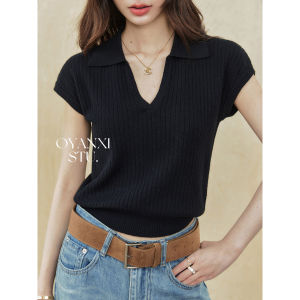 OUYANGXI | Áo Thun Đen Cổ V Tay Ngắn Form Rộng Mới Hè