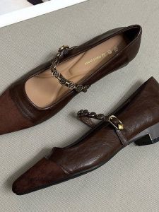 Brown Leather Mary Jane Womens Shoes Spring Summer New Style Slip-On High Heels Thick Heel Single Shoes Casual Style Fashion