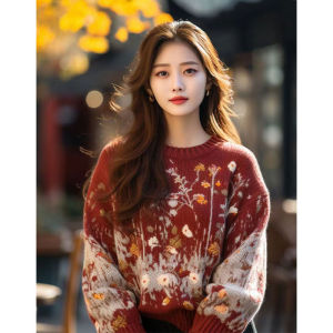 Spring New Style Womens Knitted Long Sleeve round Neck Pullover Fashionable Loose Fit Belly Concealing Embroidered Sweater