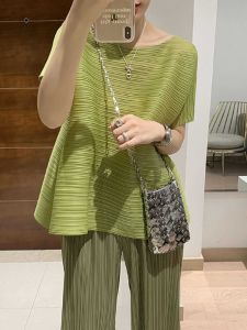 Pleated Shoulder Loose Short Sleeve round Neck T-Shirt Womens Summer Fashion Casual Polyester Fiber Slimming Top