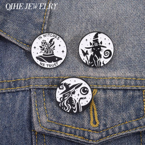 In Witches We Trust Brooch Enamel Pins Punk Goth Witch Black Cat Moon Brooches Clothes Lapel Badge Halloween Jewelry Gift Friend