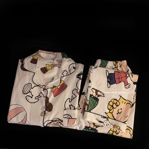 Cartoon Snoopy Cotton Pajamas Long Sleeve Home Clothes for Men Spring Autumn Season Couple Set Youth Size Comfortable Sleepwear