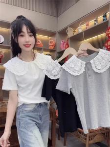 Áo Thun Tay Ngắn Hai Lớp Ren Cổ Búp Bê Cho Nữ Mùa Hè 2025 Phong Cách Mới Giảm Tuổi Tác Thời Trang Đa Năng Thon Gọn