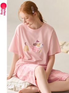 FENTENG | Cotton Short Sleeve 7/8 Length Pants Womens Loungewear Set