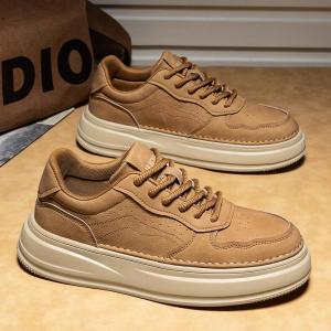 Fall Mens Retro Thick Bottom Casual Shoes Leather Low Top Workwear Style Fashionable All-Match Slip-On round Toe Rubber Sole