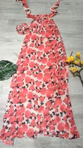 Đầm maxi dập ly hoa đỏ voan lót có mút đi biển chụp hình đẹp Bin Sports MA042