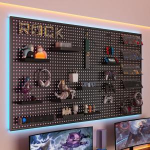 ชั้นวางของติดผนังแบบมีรูสำหรับห้องเล่นเกมส์ ชั้นวางของแบบเหล็กสีดำ ชั้นวางของสำหรับห้องทำงาน ชั้นวางของสำหรับติดผนัง ชั้นวางของสำหรับโต๊ะทำงาน