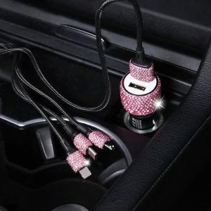 Bling USB Car Charger 5V 2.1A Dual Port Fast Adapter Pink Car Decor Car Styling Diamond Car Accessories Interior for Woman Amagi
