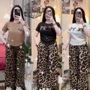 Casual Sets Terno for Women Korean Fashion Summer  Leopard Print Short Sleeve Wide Leg Pants Black/Brown/White