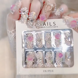 YADORNOS 24 pcs 3d Light Light Light Illusion Bunga Aurora Bubuk Kuku Palsu - Handmade Kuku Kuku Berkualitas Tinggi - Dapat Digunakan Kembali