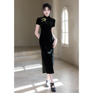 Áo sườn xám nữ vảinhung đen thêu hoa văn tôn dáng thanh lịch