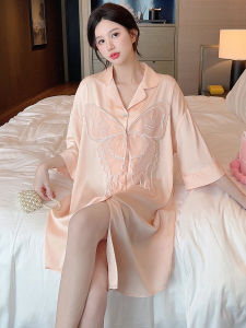 2024 Phong Cách Mới Gợi Cảm Băng Lụa Tấm Đầm Nữ Tay Dài Váy Ngắn Cổ Áo Sơ Mi Màu Nguyên Chất Sợi Polyester Spandex