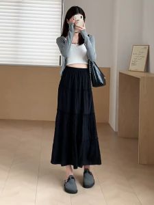 PAPADI Rok Wanita Kekinian Kasual Polos VR-001 Rok Panjang Cewek Casual Bawahan Hitam Maxi Shakila