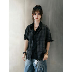 Patchwork Bubble Gauze Plaid Shirt Short Sleeves Five-Quarter Length