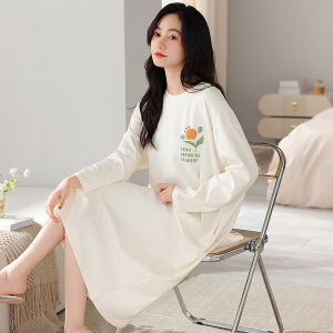 High-End Long Sleeve Pure Cotton Sleep Dress Loose Knee-Length Home Wear with Pockets Comfortable Breathable Autumn Home Dress