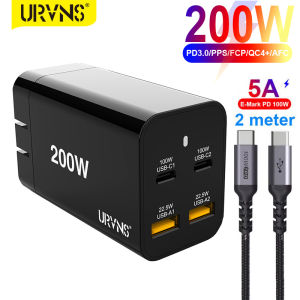 URVNS 200W USB C Wall Charger 4-Port PD 100W PPS45W GaN Fast Charging Station Laptop Travel Adapter with USB C Cable for MacBookiPad iPhone14/14Pro Max SamsungPixel and More