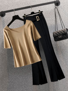 Summer New plus Size Womens Knitted Ice Silk Shirt Cover Belly Set Pants Square Collar Fashionable French Style plus Size Sister