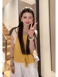 YUEZHONGWEI | French Lace Trim Yellow Vest Women Summer Outdoor Design Sensation Sleeveless Shirt Loose Fit Single Piece Regular Thickness
