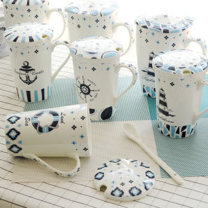 High Aesthetic Value Large Capacity Ceramic Mugs with Lid Spoon Water Cups for Home Use Couple Cups Bohai Porcelain Mugs