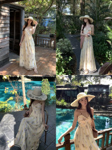 Unique Design French Style Womens Halter Dress Yellow