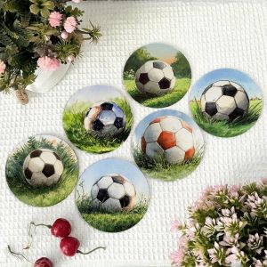 2D 6pcs Retro Football Design Wooden Coasters Table Decorative Coasters for Coffee Tea Cups Ideal Football Enthusiasts Gifts