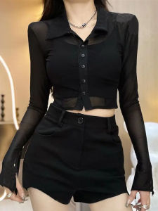 Spring 2025 Early High Waist Short Design Thin Long Sleeve Mesh Shirt Womens Slimming Top Polo Collar Pure Color Commute Style