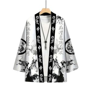 Áo Kimono Nam Nhật Bản Họa Tiết Rồng Và Mây Đen Trắng Trang Phục Đường Phố Truyền Thống Châu Á Mùa Hè Kiểu Mở Trán Chất Liệu Polyester
