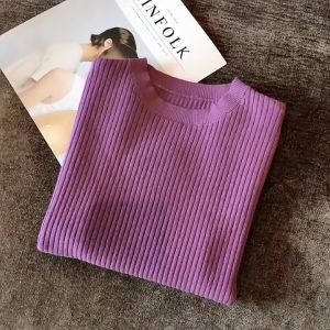 Knitted Tops Women Summer Korean Style Round Neck Short Sleeve Blouse Tops