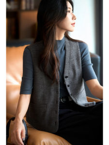 Xhange Comfortable Wool Cotton Casual Set with Knife-pleated Pants V-neck Vest Autumn Fashion Womens Ensemble