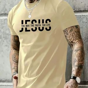 Summer mens polyester fiber casual loose round neck T-shirt Jesus Way Truth Life letter printed outdoor sports top