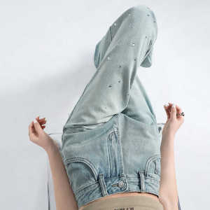 Retro Heavy Duty Rhinestone High Waist Wide Leg Jeans Womens Draping Design Loose Slimming Narrow Version Floor-Length Pants Summer