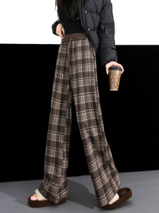 Christmas Plaid Wide Leg Pants Womens Spring Autumn Fleece Lined Drapey Casual Loose Straight Cut Trousers High Waist Long Pants