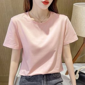 Pink Short Sleeve Pure Cotton T-Shirt Womens Summer Top round Neck Print Loose Fit Regular Length Commute Style Korean Version