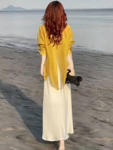 Elegant Womens Summer Long Sleeve Sun Protection Dress Set Casual H-Line Polyester Fiber Two-Piece Suit Sister Style