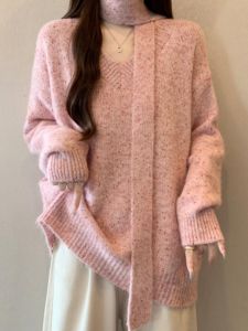 V-neck Knitted Slim Fit Loose Concealing Turtleneck Sweater