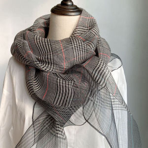 Mulberry Silk Blend Gingham Long Style Shawl Thin Scarf