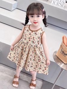 ชุดเดรสแขนกุดสำหรับชุดเจ้าหญิงเด็กผู้หญิงกับดอกไม้สำหรับ5-6ปี