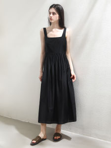 Miccbeirn | Silk Cotton French Elegance Strap Dress Minimalist Slimming A-Line Sleeveless Over-Knee Long Skirt High Waist Gathered Summer Dress