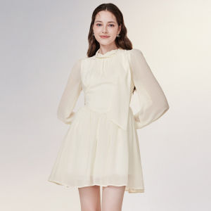 TAMMY TANGS | Elegant Long Sleeve Chiffon Dress Womens High Waist Slimming Skirt Star Same Style Sugar Power Apricot Color Belted Dress