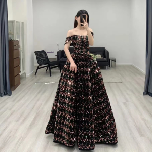Elegant Black Off-Shoulder Long Dress for Women Hostess Adult Ceremony High-End Luxury Wedding Dress Sensation Princess Bride