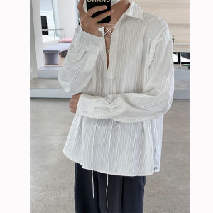 South Korea Niche Style Abstinence Style White Ruched Texture Drawstring Design Shirt Mens Casual Loose Versatile Long Sleeve Shirt