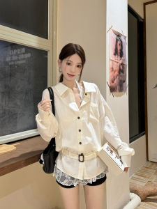 Korean Sweet Spicy Lace Neck Hanging Strap Long Sleeve Womens Vest Shirt Fashion Set Autumn New Style Casual Two-Piece Suit