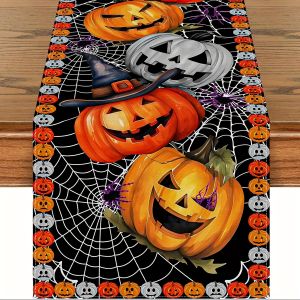 1Pc Halloween Themed Table Flag Pumpkin Lantern and Web Design Suitable for Party Restaurant Home Market Holiday Layout Scene.