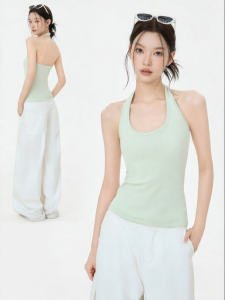 iiiamx | Light Green Padded Halter Neck Camisole Backless Summer Top