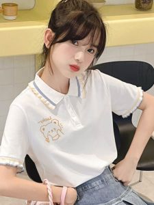 เสื้อโปโลเด็กผู้หญิงวัยรุ่นแขนสั้นเปิดลง ปกเสื้อ ฤดูร้อน หลากหลาย เสื้อยืดไหล่ หวาน Style Combed ผ้าฝ้าย เสื้อยืด